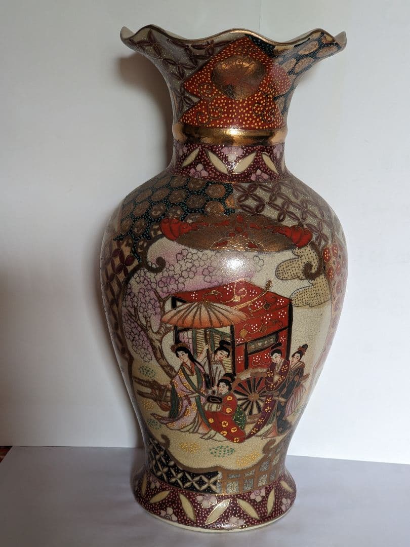 ♦越前 九谷焼 金彩色絵 花車遊女図 飾り壺 瓶花瓶 工芸品 コレクション骨董品