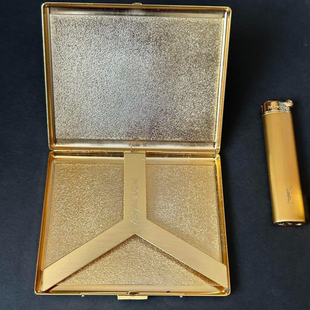 イヴサンローラン シガレットケース＋ライター＋火消 黒金 ロゴ ユニセックス美品