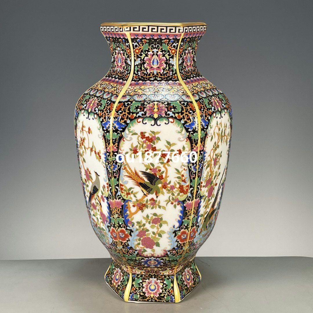 琺瑯彩六面開窓花鳥賞瓶 景徳鎮 陶磁器 装飾品 現代工芸品 美術品 置物