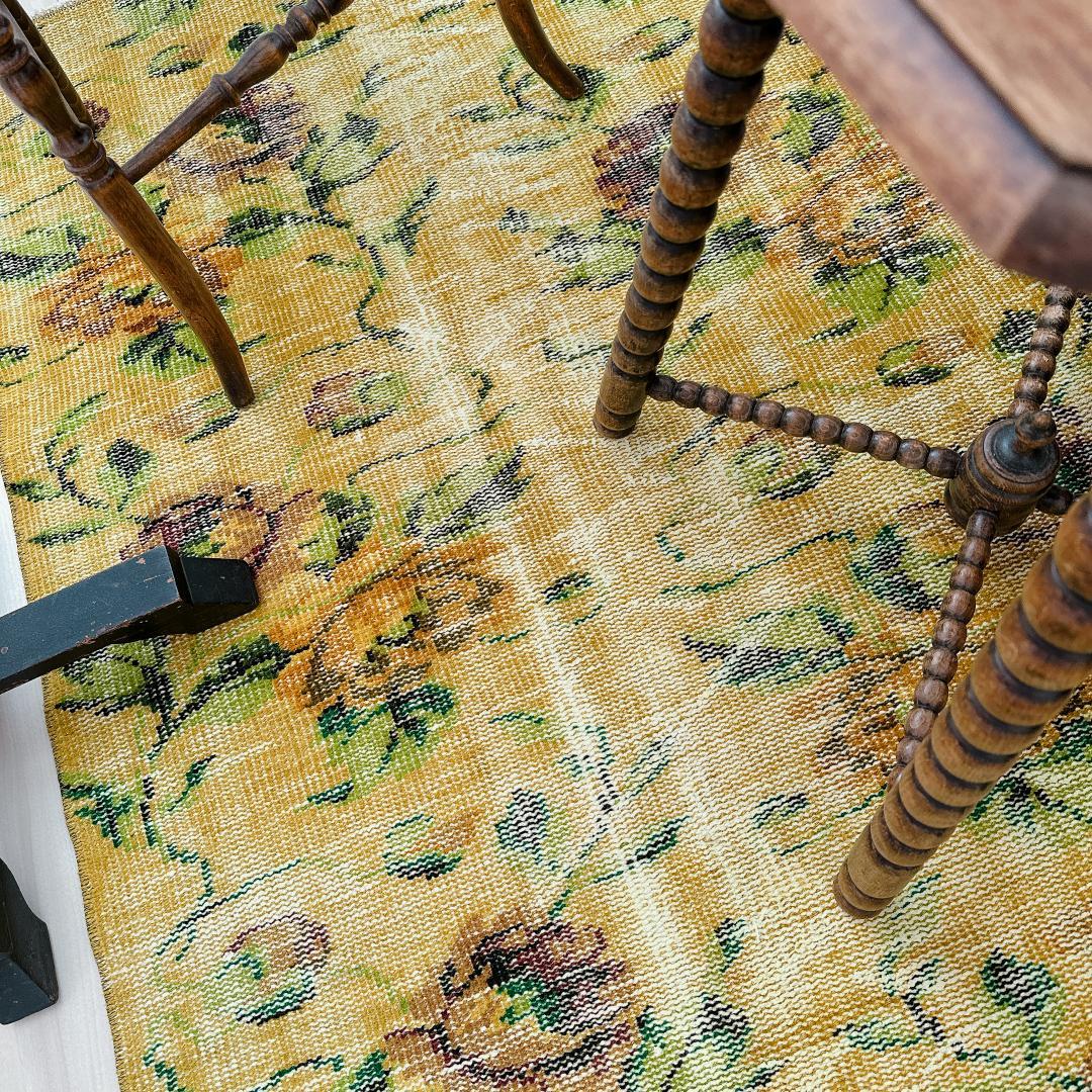 トルコヴィンテージラグ A77 レア イエロー グリーン オーバーダイラグ