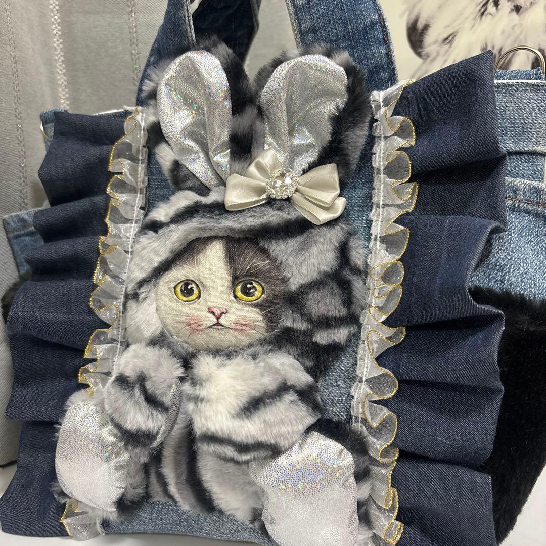 カ*ミ様 コヤンイサムチョン❇︎ふわふわタビー柄ファー❇︎バック❇︎デニムリメイ