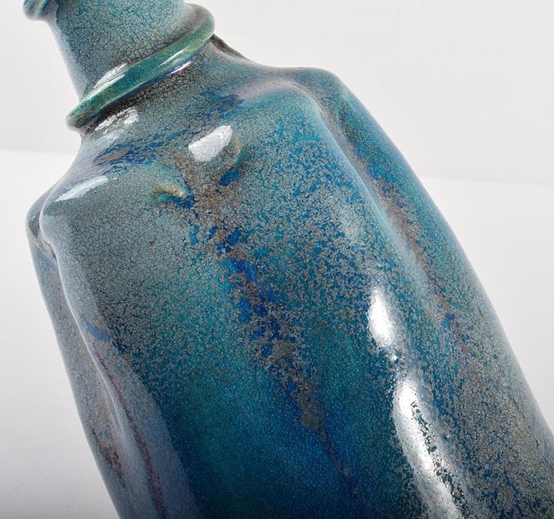 人間国宝　加藤卓男作　青釉　鶴首花生　花瓶 　一輪挿し　共箱　L　R5428