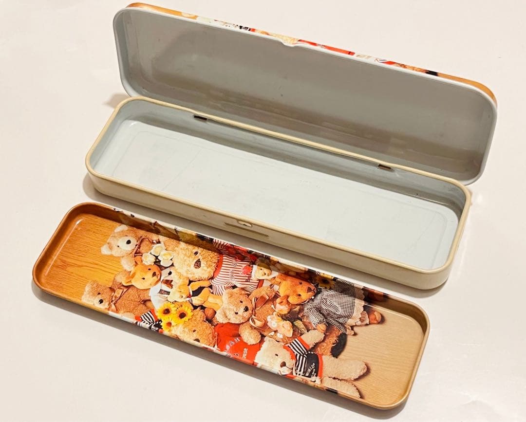 昭和レトロ テディベア　缶ペンケース　2段式 筆箱　かわいい