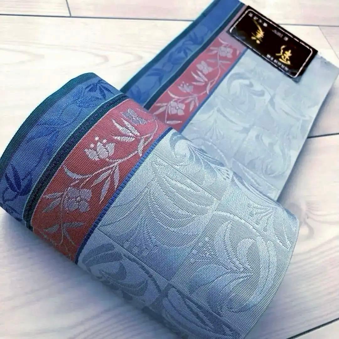 本場筑前博多織　半幅帯　タグ付　花唐草模様　ブルーグレー　No.3-22