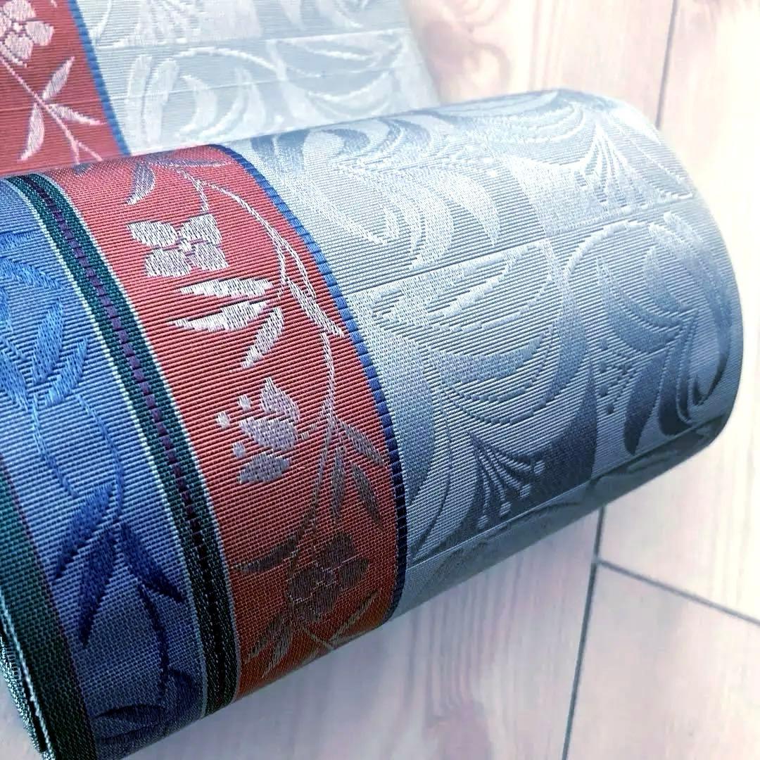 本場筑前博多織　半幅帯　タグ付　花唐草模様　ブルーグレー　No.3-22