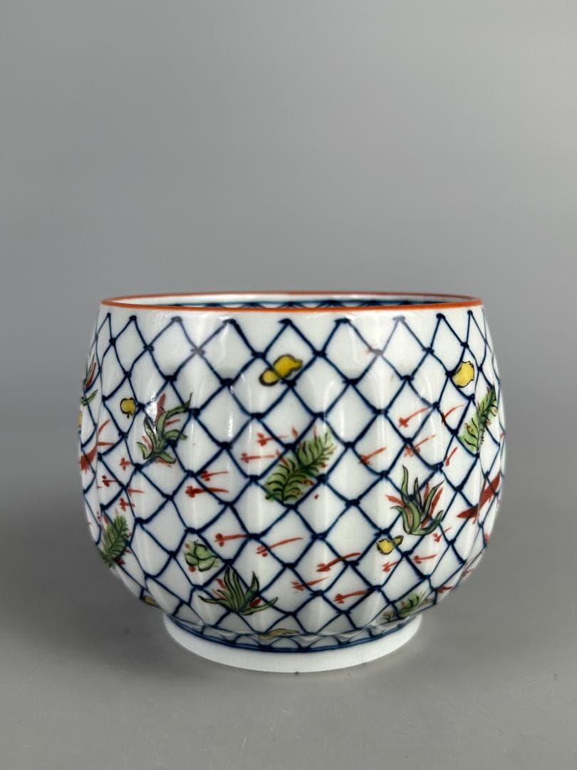 中国美術　小魚魚網文　南京赤絵 小茶碗　染付　華道具　唐物　時代　古玩