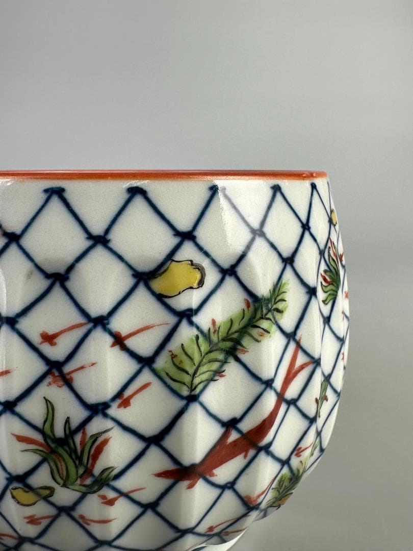 中国美術　小魚魚網文　南京赤絵 小茶碗　染付　華道具　唐物　時代　古玩