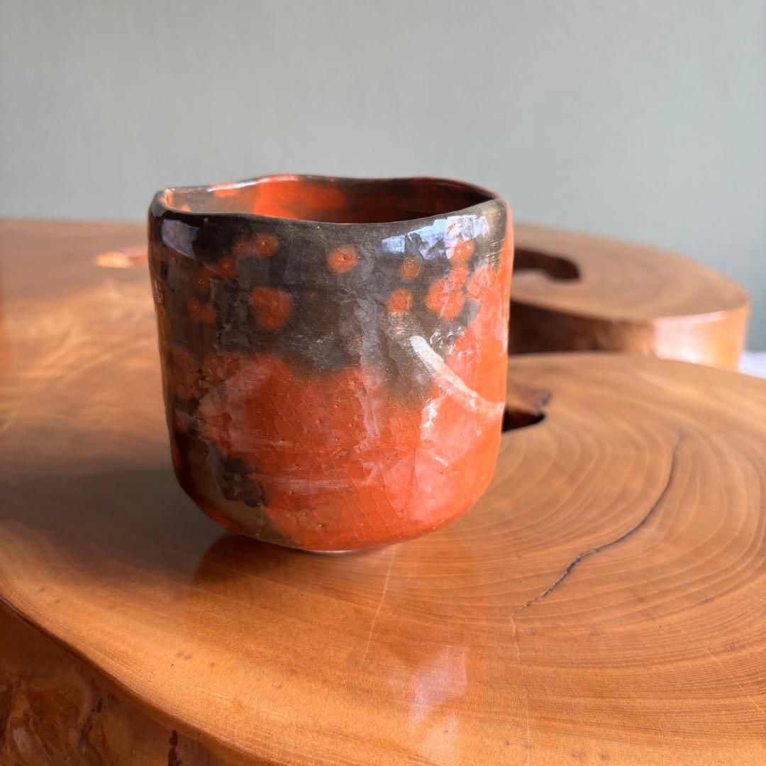 赤楽茶碗 作家物 楽焼 古物 筒茶碗 抹茶碗 茶道具（225Bd）