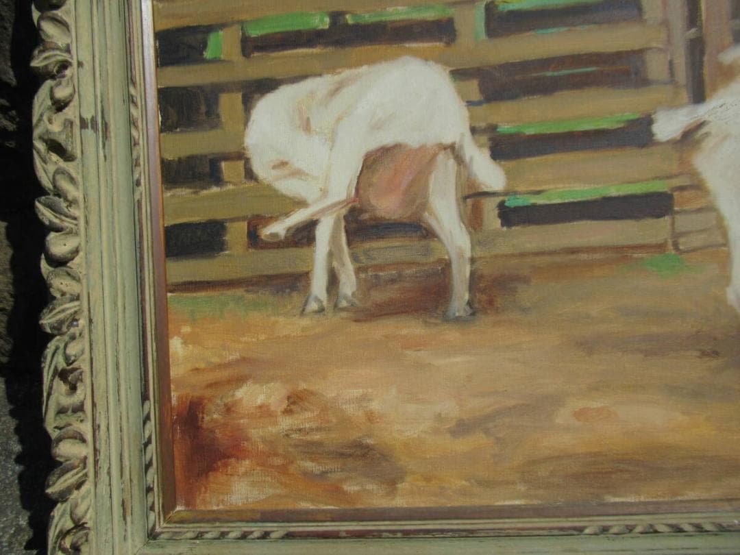 真作保証 美品1950年代◆日展参与 奈良岡正夫「親仔(山羊)」大作油彩25号