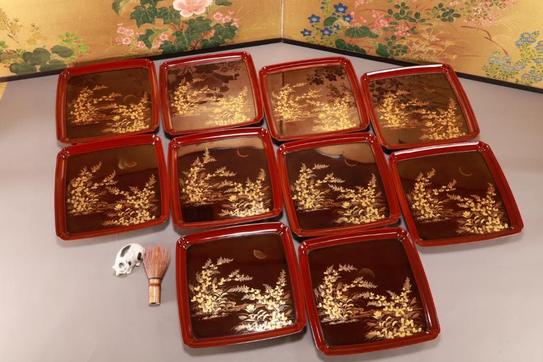 BJ062 木製漆器　萩野月蒔絵　吸物盆　吸物膳　十客　絵違い　図替わり　共箱