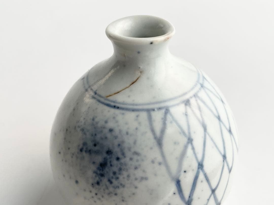 陶芸家　作家物　加藤静允　染付　網目文　徳利　酒器　一輪挿し　初期伊万里写　共箱