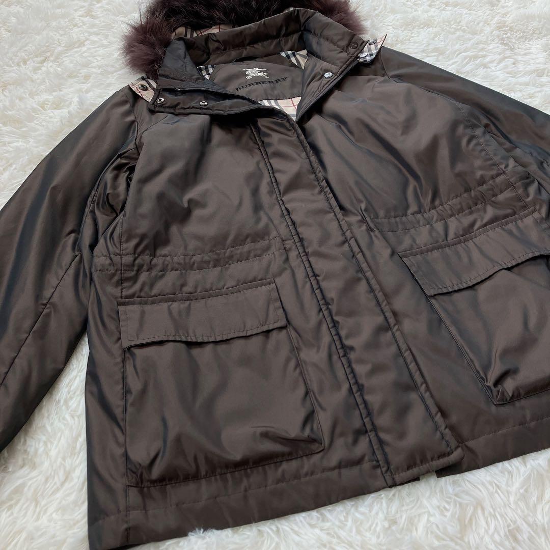 希少　バーバリーロンドン　モッズコート　ノバチェック　リアルファー　ダウン