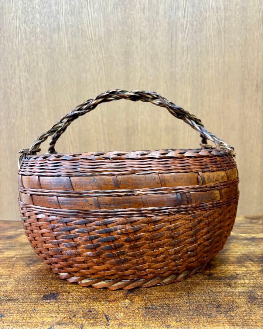 【約100年前／大正十三年】銘入り 竹編み 手提げ籠 竹細工師作 古民藝