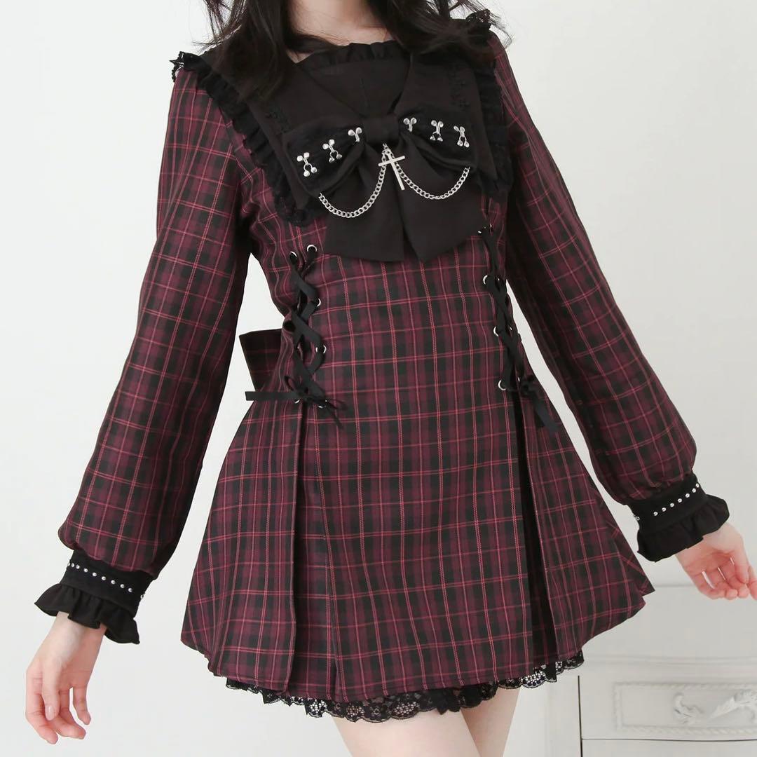 夢展望 十字架クロススタッズチェーンレースアップフリルセーラーワンピース