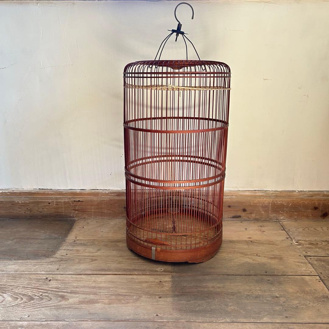 アンティーク　鳥カゴ　籠　木製　ひばりカゴ　高さ調整式　バードケージ　昭和レトロ