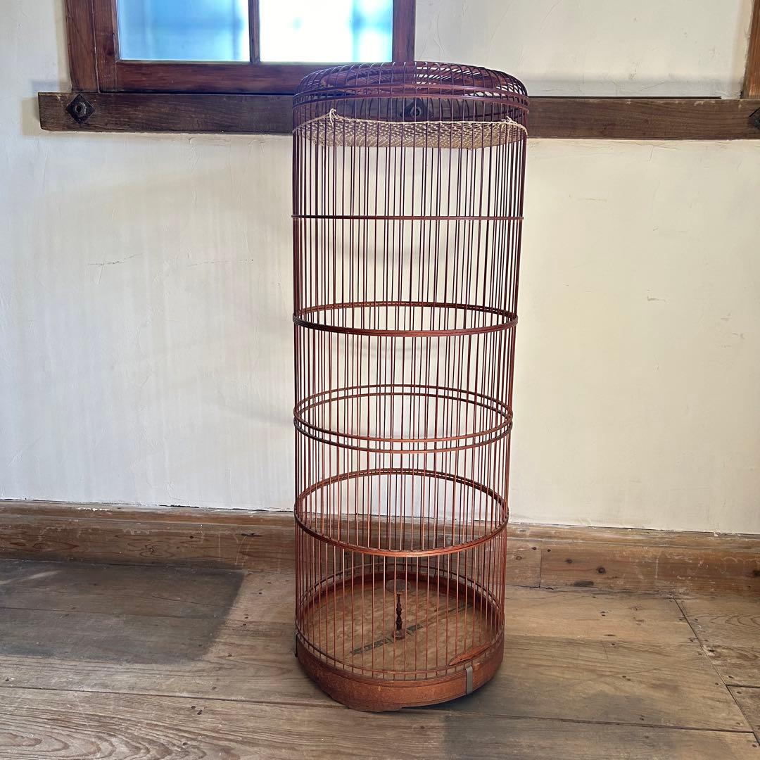 アンティーク　鳥カゴ　籠　木製　ひばりカゴ　高さ調整式　バードケージ　昭和レトロ