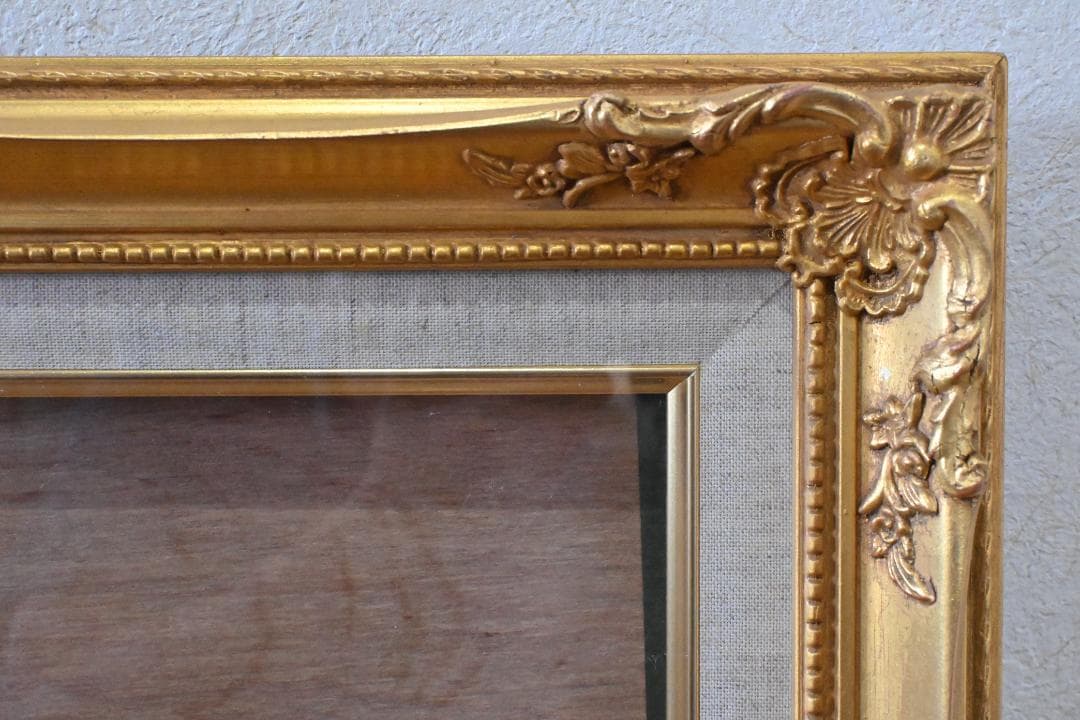 【額縁】新品F10高級☆木製油彩額・前面ガラス・ゴールド・白布・箱付アンティーク