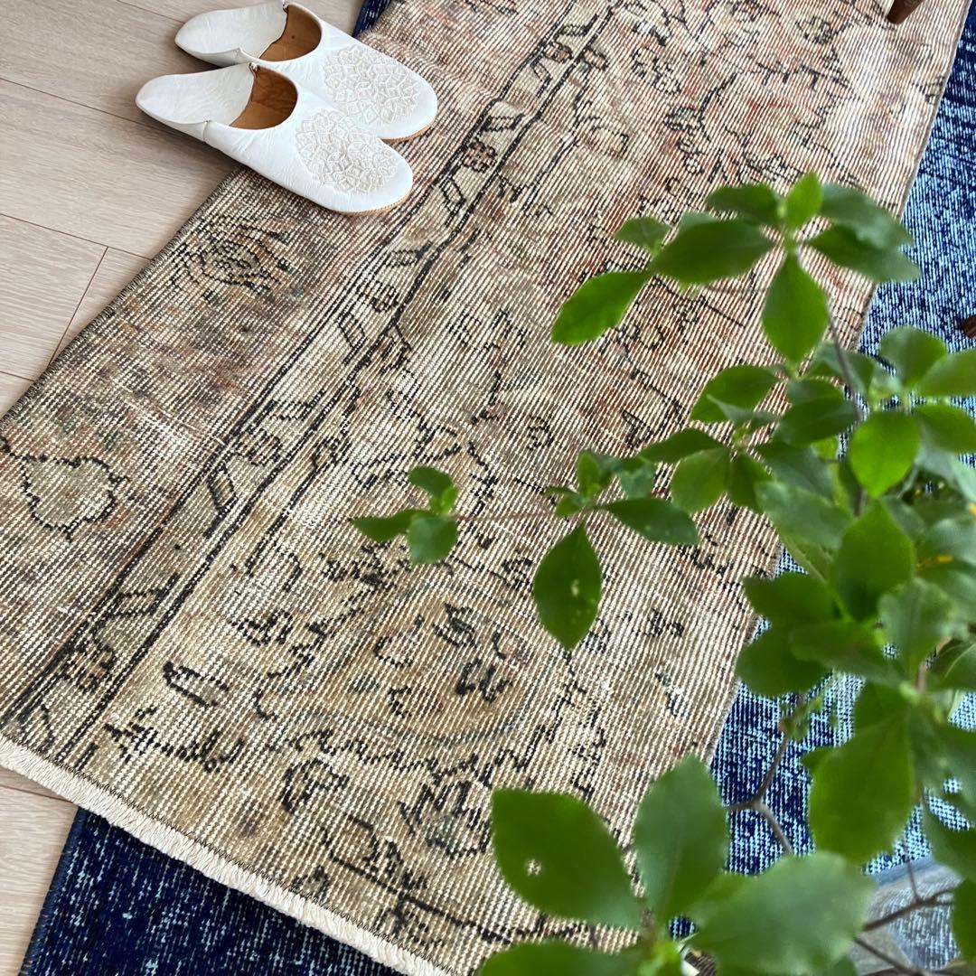 ペールベージュピンク58×189フラワーライン　ランナー　トルコヴィンテージラグ