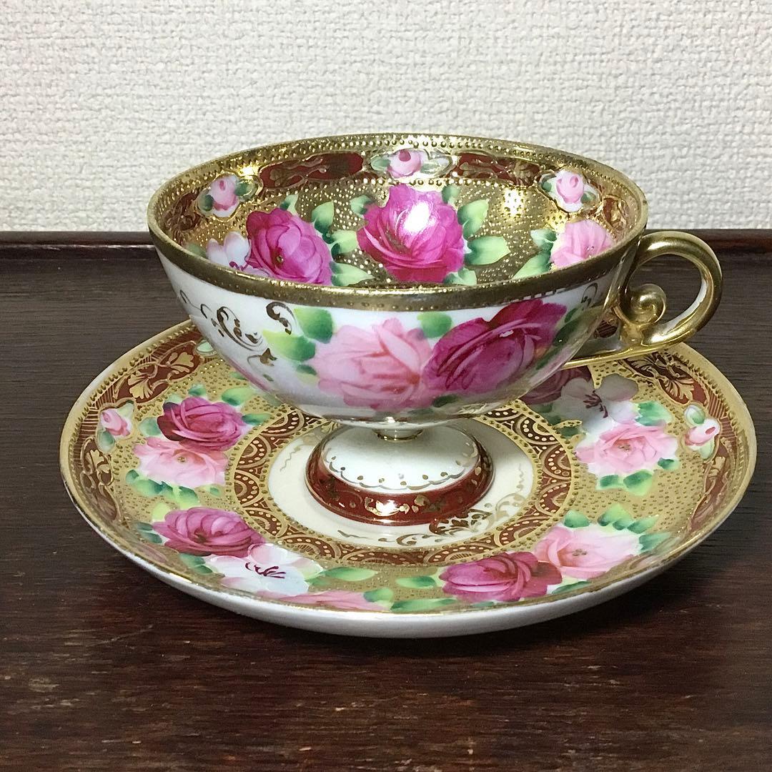 オールド名陶◆ティーカップ ソーサー◆傷あり 金継ぎ用 金彩 薔薇 バラ 戦前