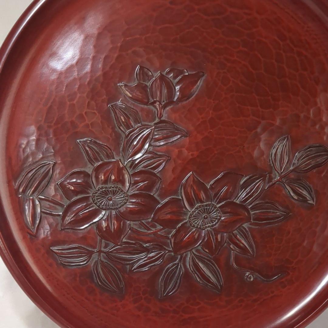 鎌倉彫 丸盆12寸(直径36.5cm) 鉄線柄 花柄 大サイズ木製盆 極美品