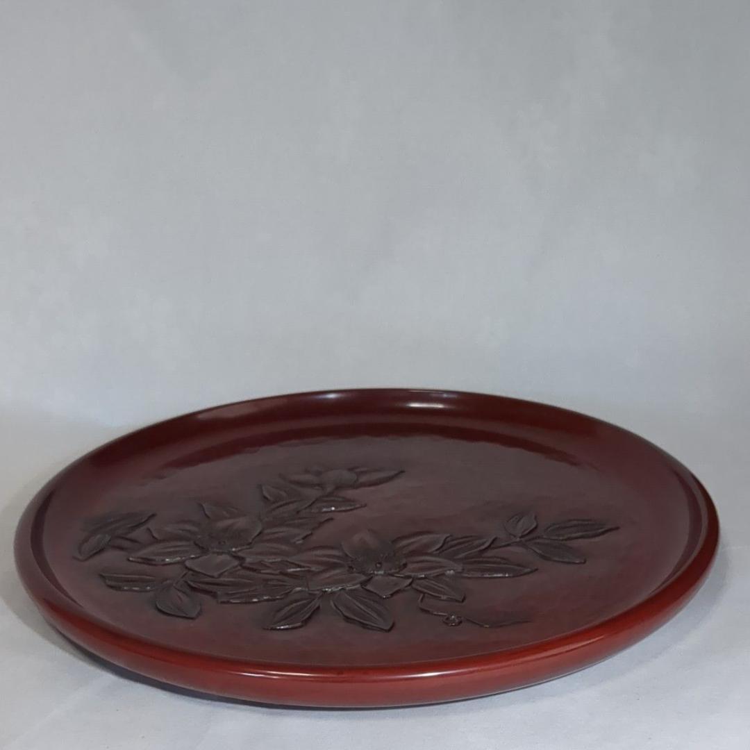 鎌倉彫 丸盆12寸(直径36.5cm) 鉄線柄 花柄 大サイズ木製盆 極美品