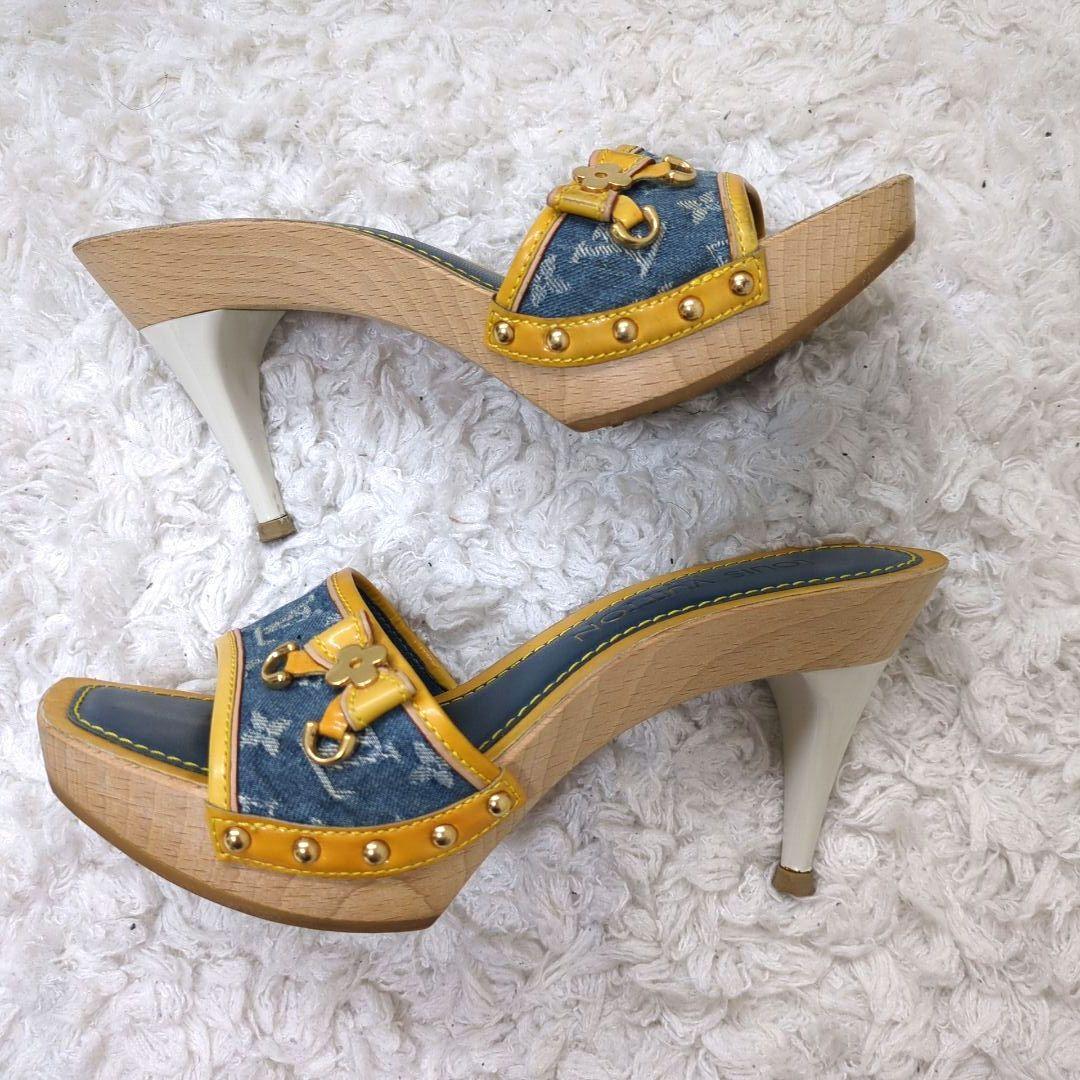 ルイヴィトン　サンダル　ミュール　モノグラム　デニム　リボン　ヒール　正規品