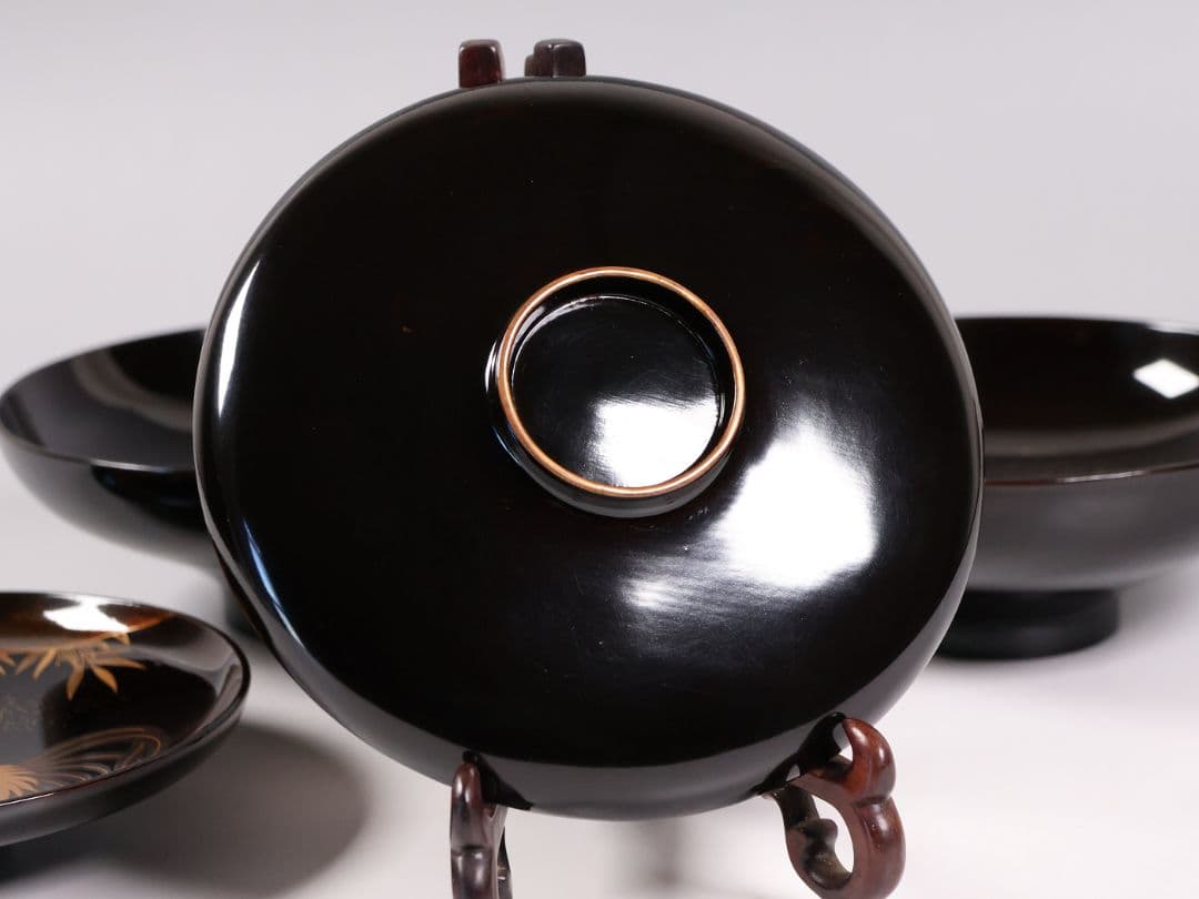 【CM352】時代蒔絵椀 竹に鶏金蒔絵 平椀二客 木製 /(検) 輪島塗加賀能登