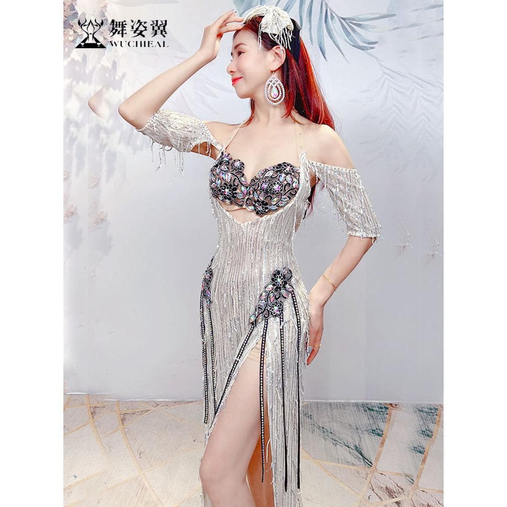 ベリーダンス衣装 スパンコールフリンジ ロングドレスライトブルー