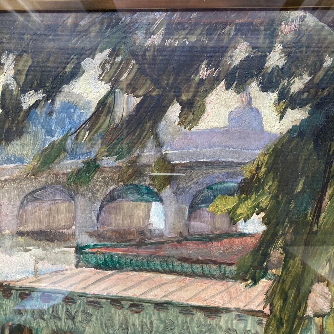 神津港人 「セーヌ湖畔」F6額約50×59絵薬31×39￼CM 古径額タトウ箱