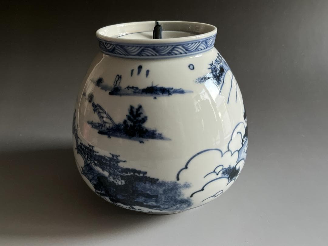 膳所焼　染付　近江八景の繪　芋頭水指　久田宗也　尋牛斎書付　茶道具　表千家