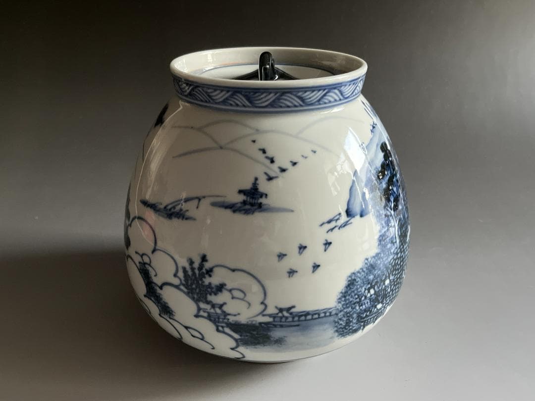 膳所焼　染付　近江八景の繪　芋頭水指　久田宗也　尋牛斎書付　茶道具　表千家