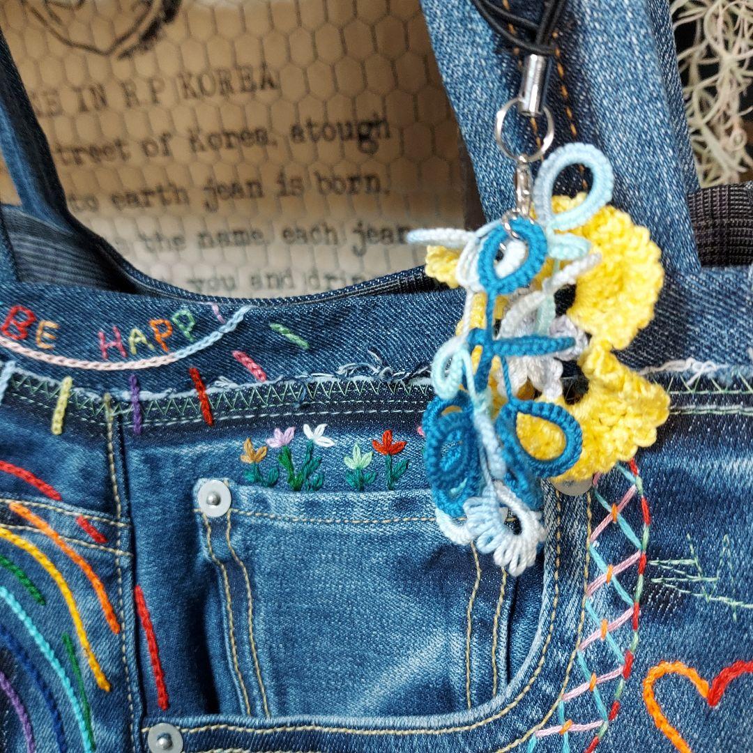 刺繍デニムバック　No.658　デニムリメイク　スマイリー　刺繍バック