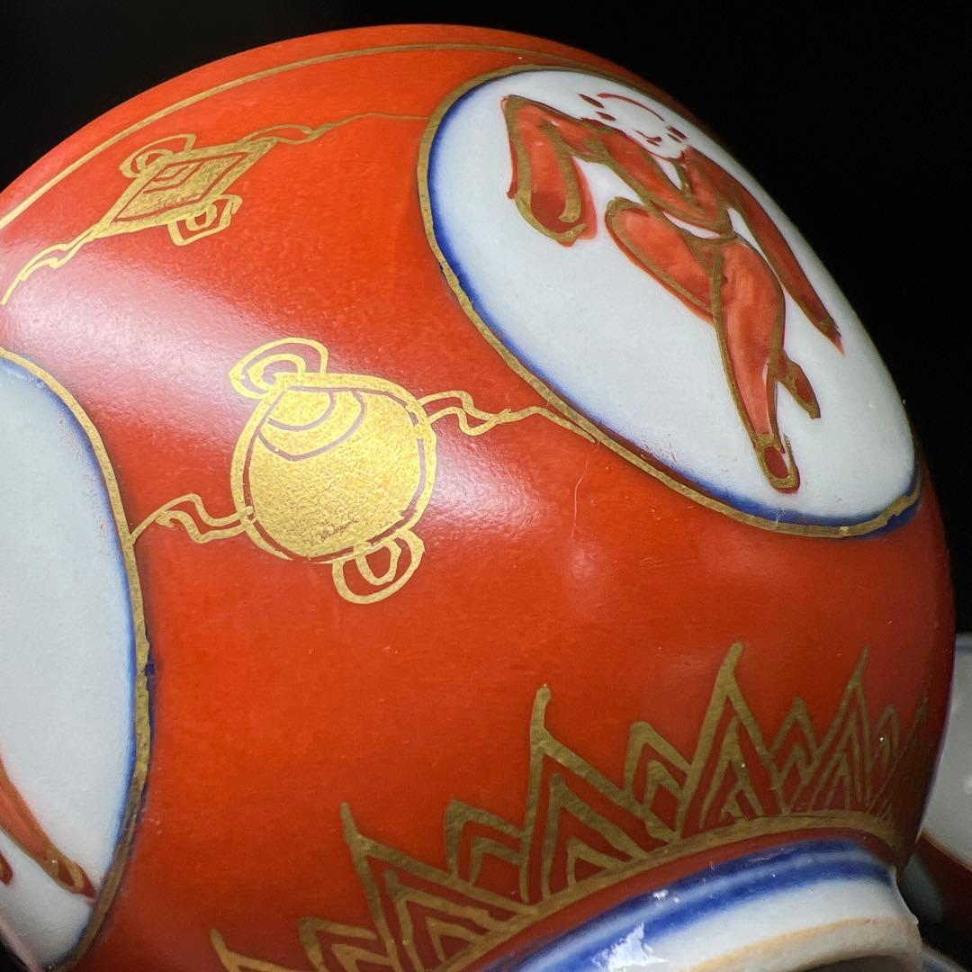 古伊万里　極上手　赤絵人形手煎茶碗　木箱　口径約8.5㎝　東Y8-0206☆2F