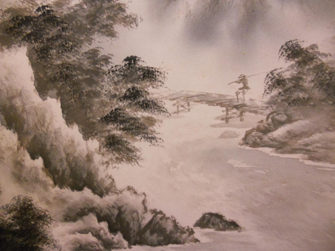 掛け軸 坂口竹春 水墨山水 絹本 希少 軸装 茶道具 掛軸 美品 です。