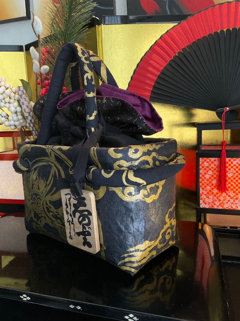 一閑張り　一閑張りバッグ　風神雷神　古文書　和紙　竹籠　籠バッグ　着物　金　黒