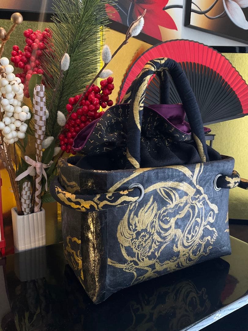 一閑張り　一閑張りバッグ　風神雷神　古文書　和紙　竹籠　籠バッグ　着物　金　黒