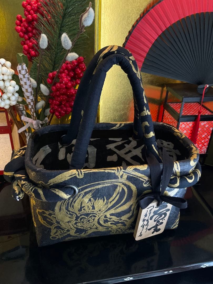 一閑張り　一閑張りバッグ　風神雷神　古文書　和紙　竹籠　籠バッグ　着物　金　黒
