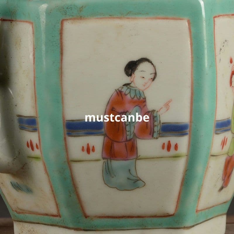 手画六方粉彩窓を開けて仕女紋提梁壺 急須 煎茶器 茶道具 装飾品 現代工芸品置物