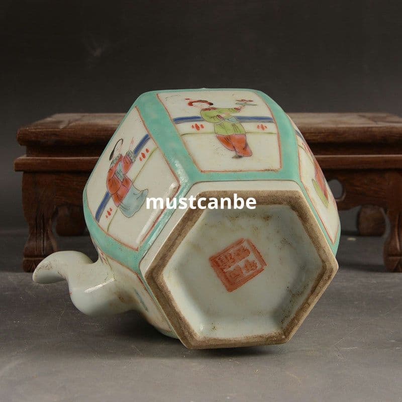 手画六方粉彩窓を開けて仕女紋提梁壺 急須 煎茶器 茶道具 装飾品 現代工芸品置物