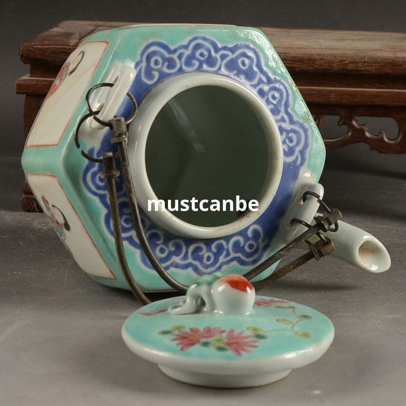 手画六方粉彩窓を開けて仕女紋提梁壺 急須 煎茶器 茶道具 装飾品 現代工芸品置物