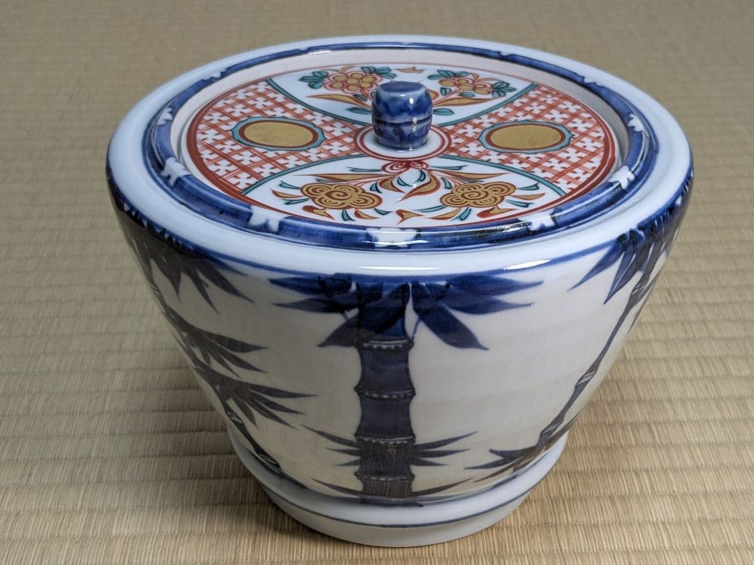 【上作】真葛香斎　染付竹水指　赤絵蓋共　京焼