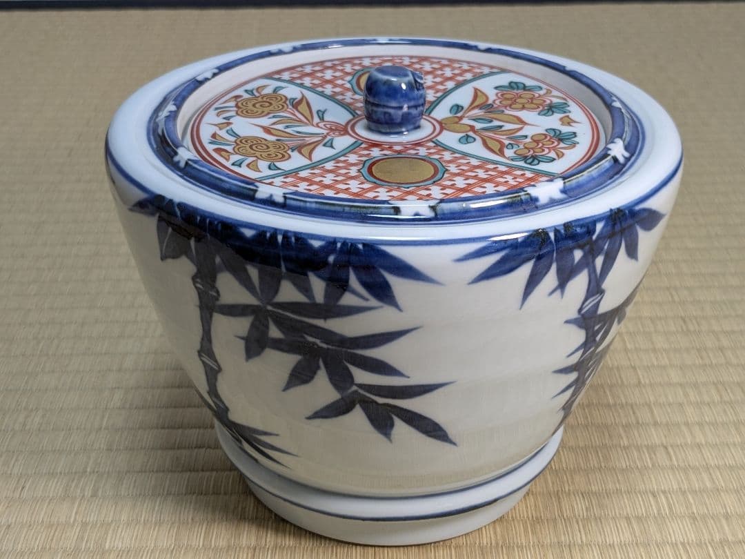 【上作】真葛香斎　染付竹水指　赤絵蓋共　京焼