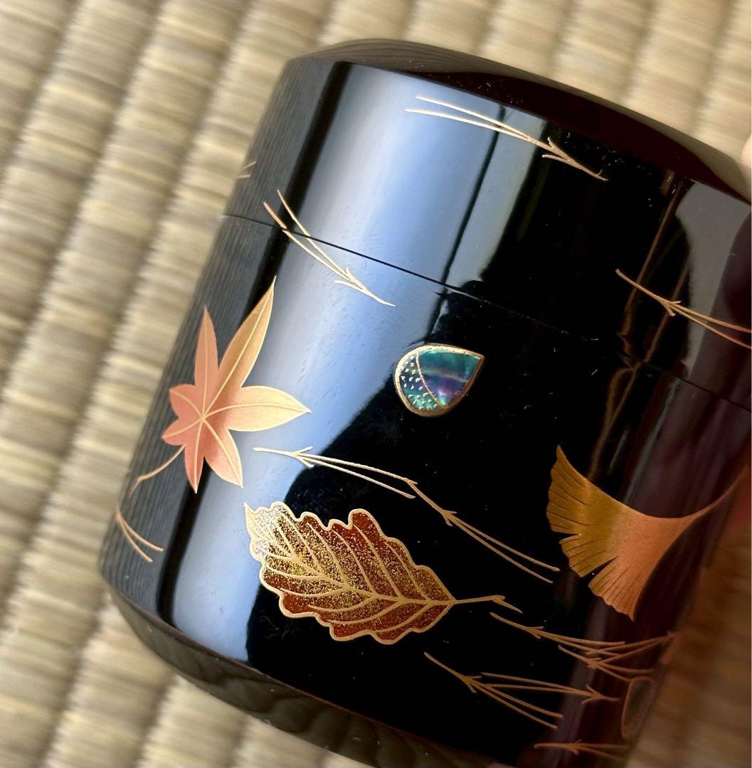 蒔絵師 中村宗尹作 【雪吹】「吹寄」棗 薄茶器 黒漆 金蒔絵 螺鈿 茶道具 共箱