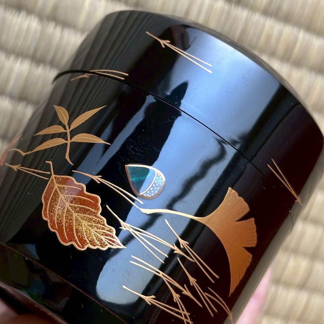 蒔絵師 中村宗尹作 【雪吹】「吹寄」棗 薄茶器 黒漆 金蒔絵 螺鈿 茶道具 共箱