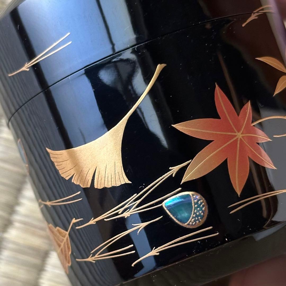 蒔絵師 中村宗尹作 【雪吹】「吹寄」棗 薄茶器 黒漆 金蒔絵 螺鈿 茶道具 共箱