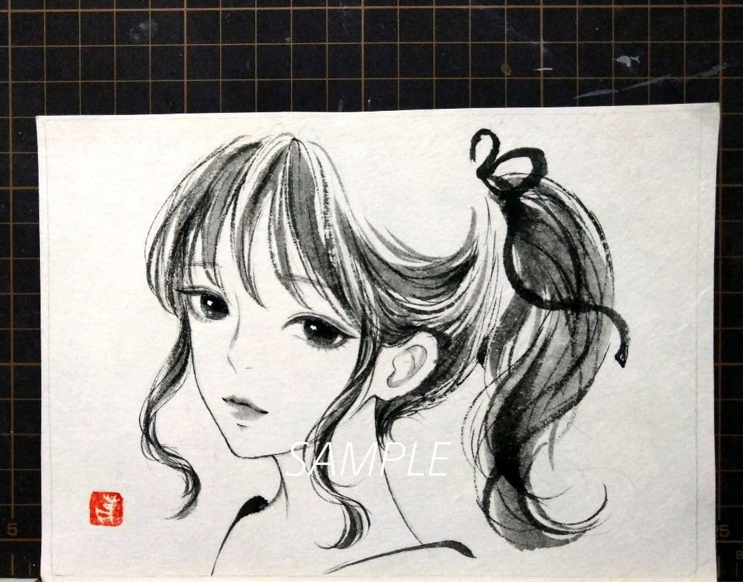 専用　絵画　日本画　水墨画　墨絵　美人画　ポニーテール　手描きイラスト