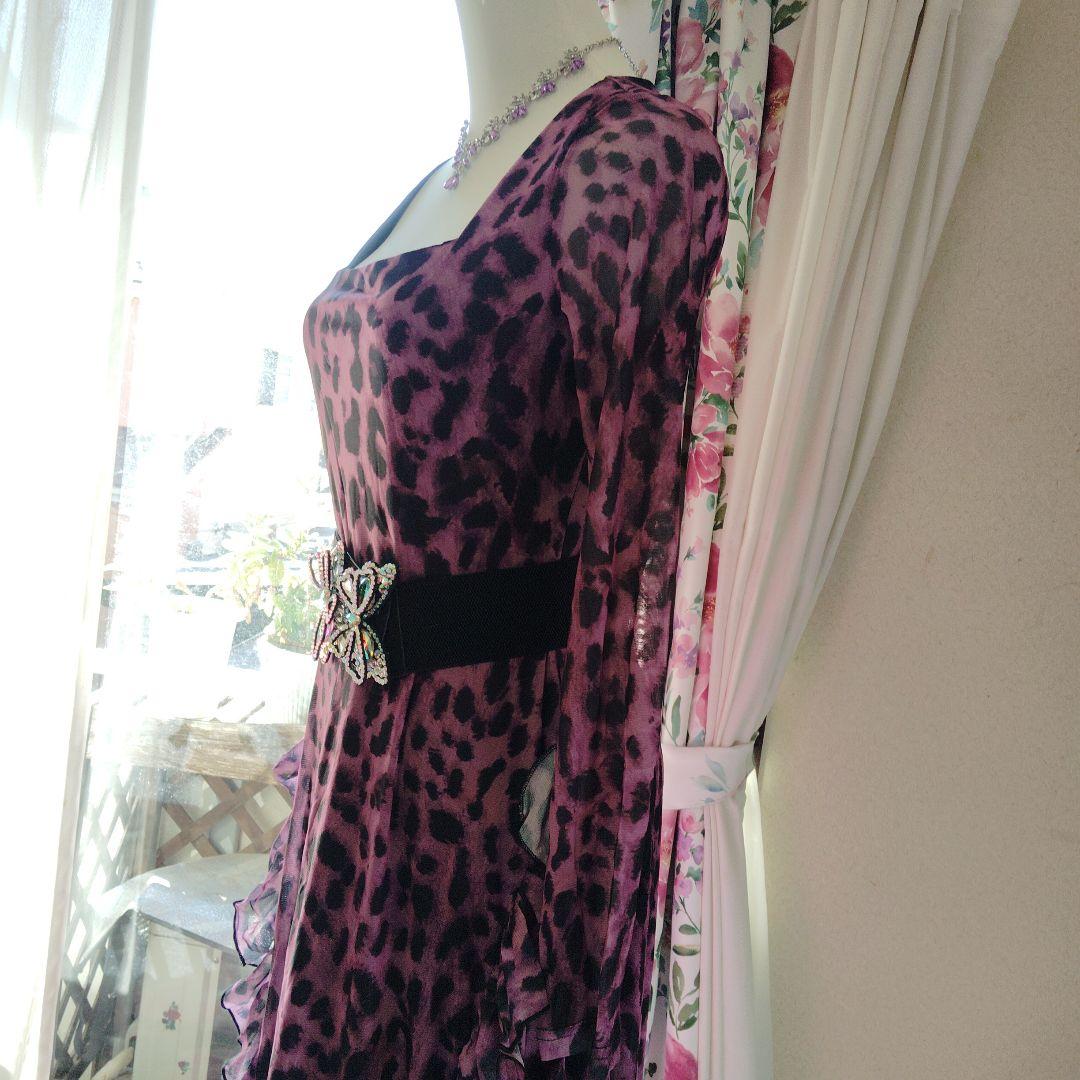 社交ダンス用ヒョウ柄ドレス 蝶々ベルト付き