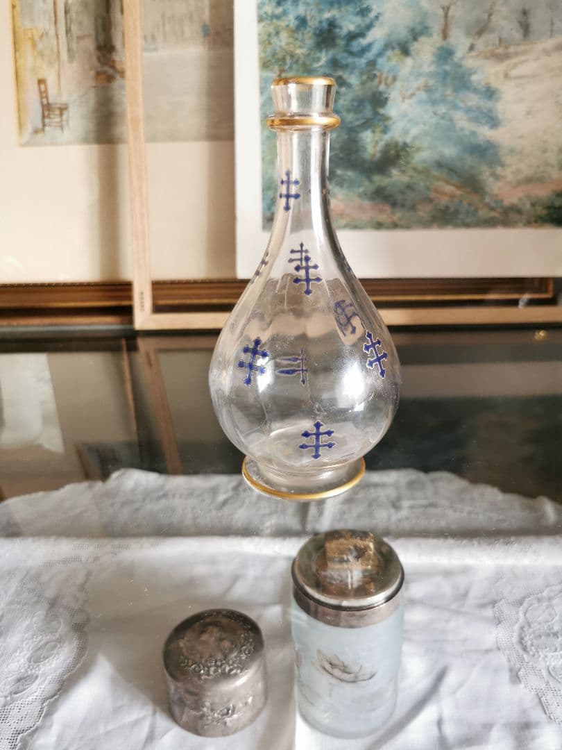 アンティーク ロレーヌ十字☨ エナメル碧 手描き金彩クリスタルデキャンタ