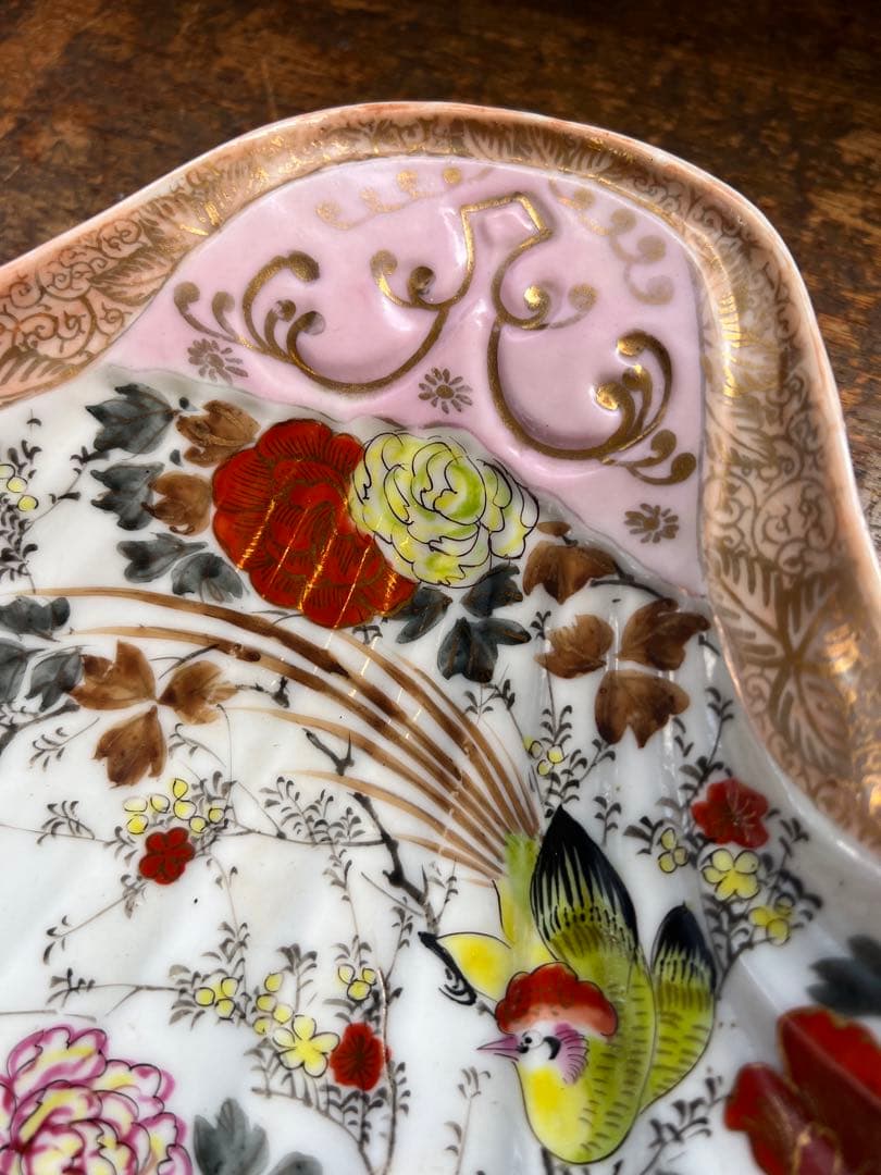 古伊万里　アンティーク　骨董　赤絵貝型菓子器　輸出用　花鳥の図　飾皿