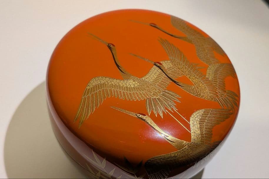 『和歌浦蒔絵』平棗　清水庄三 鶴模様 茶道具 永田宗伴書付的々斉　朱塗り内銀溜塗